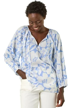 Roman Blue Floral Print Tie Neck Tunic Top