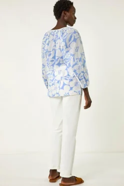 Roman Blue Floral Print Tie Neck Tunic Top