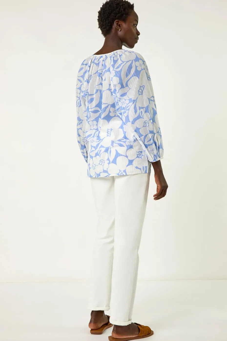 Roman Blue Floral Print Tie Neck Tunic Top