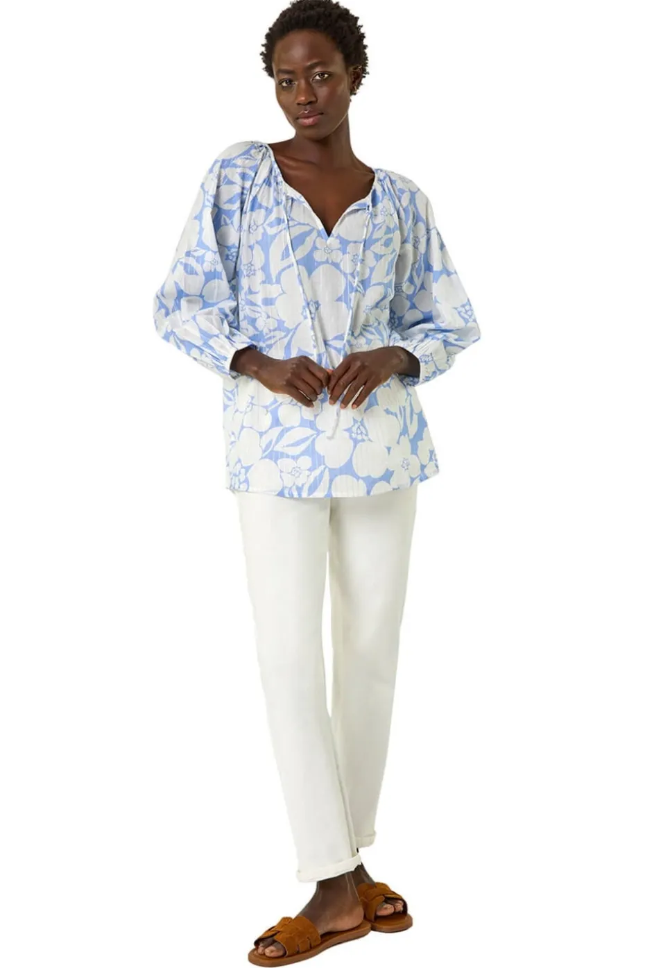 Roman Blue Floral Print Tie Neck Tunic Top