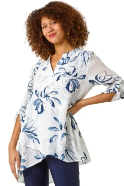 Roman Blue Floral Print Wrapped Hem Top