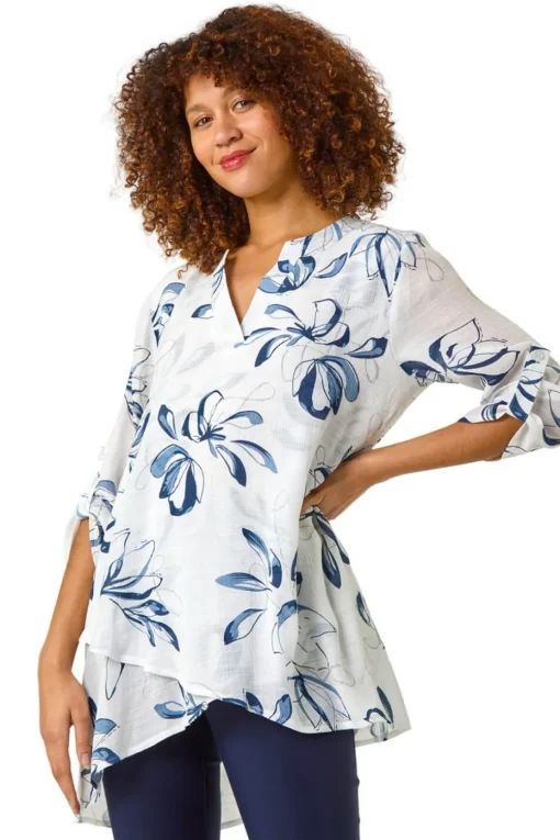 Roman Blue Floral Print Wrapped Hem Top
