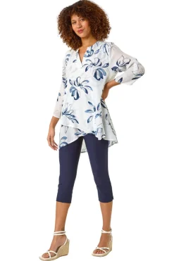 Roman Blue Floral Print Wrapped Hem Top