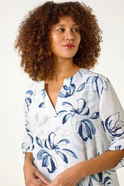 Roman Blue Floral Print Wrapped Hem Top