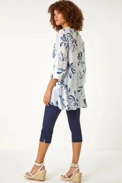 Roman Blue Floral Print Wrapped Hem Top
