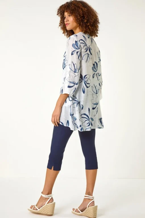 Roman Blue Floral Print Wrapped Hem Top