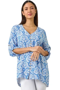 Roman Blue Floral Printed Button Detail Top