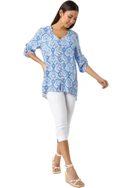 Roman Blue Floral Printed Button Detail Top