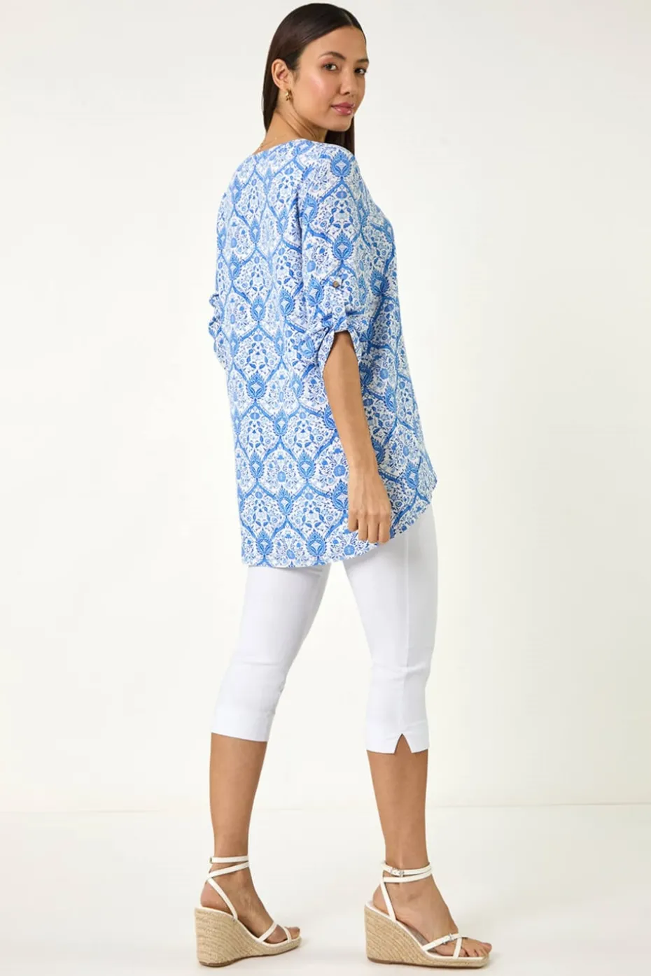 Roman Blue Floral Printed Button Detail Top