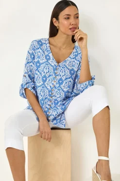 Roman Blue Floral Printed Button Detail Top