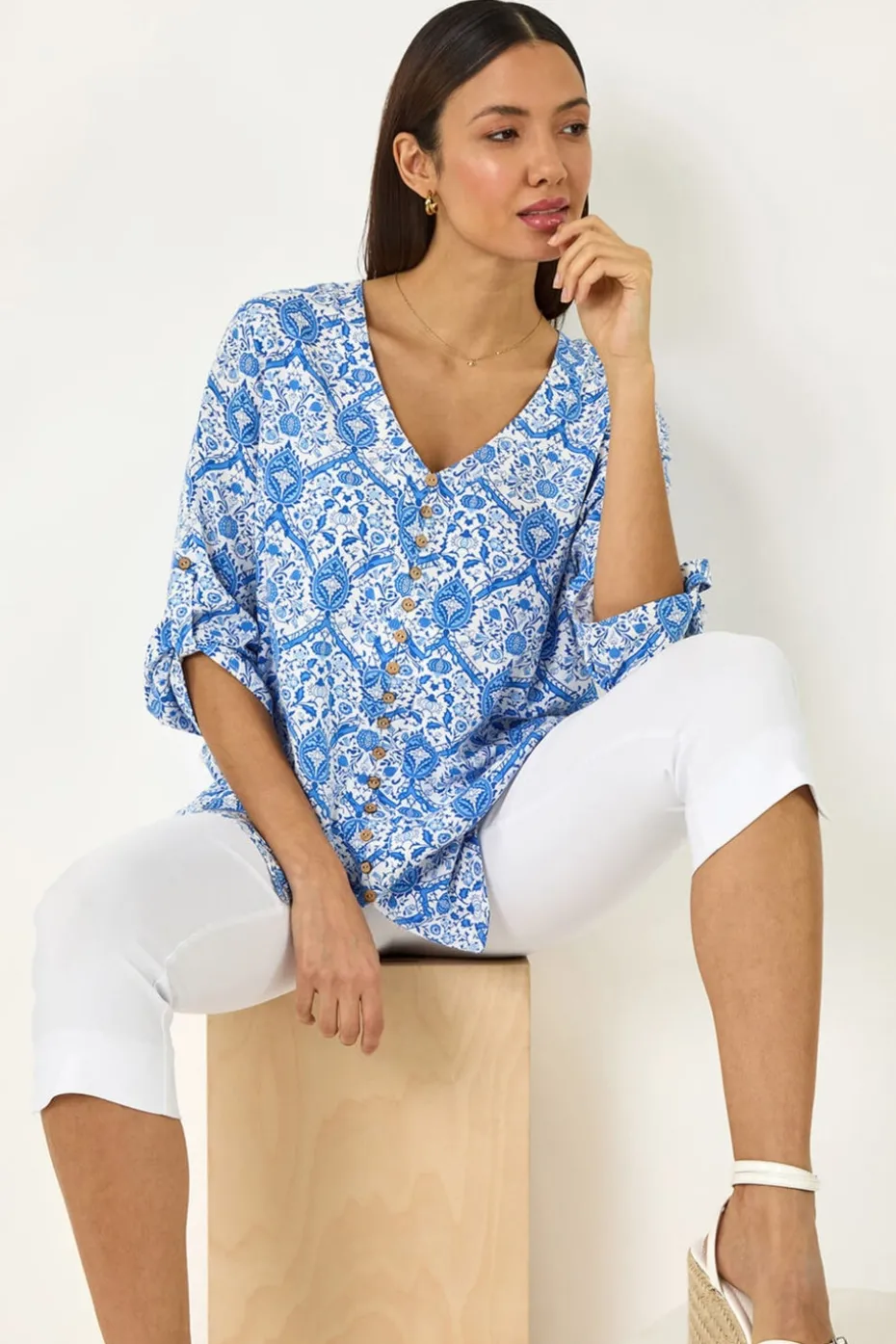 Roman Blue Floral Printed Button Detail Top
