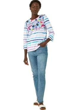 Roman Blue Floral Stripe Hotfix Top