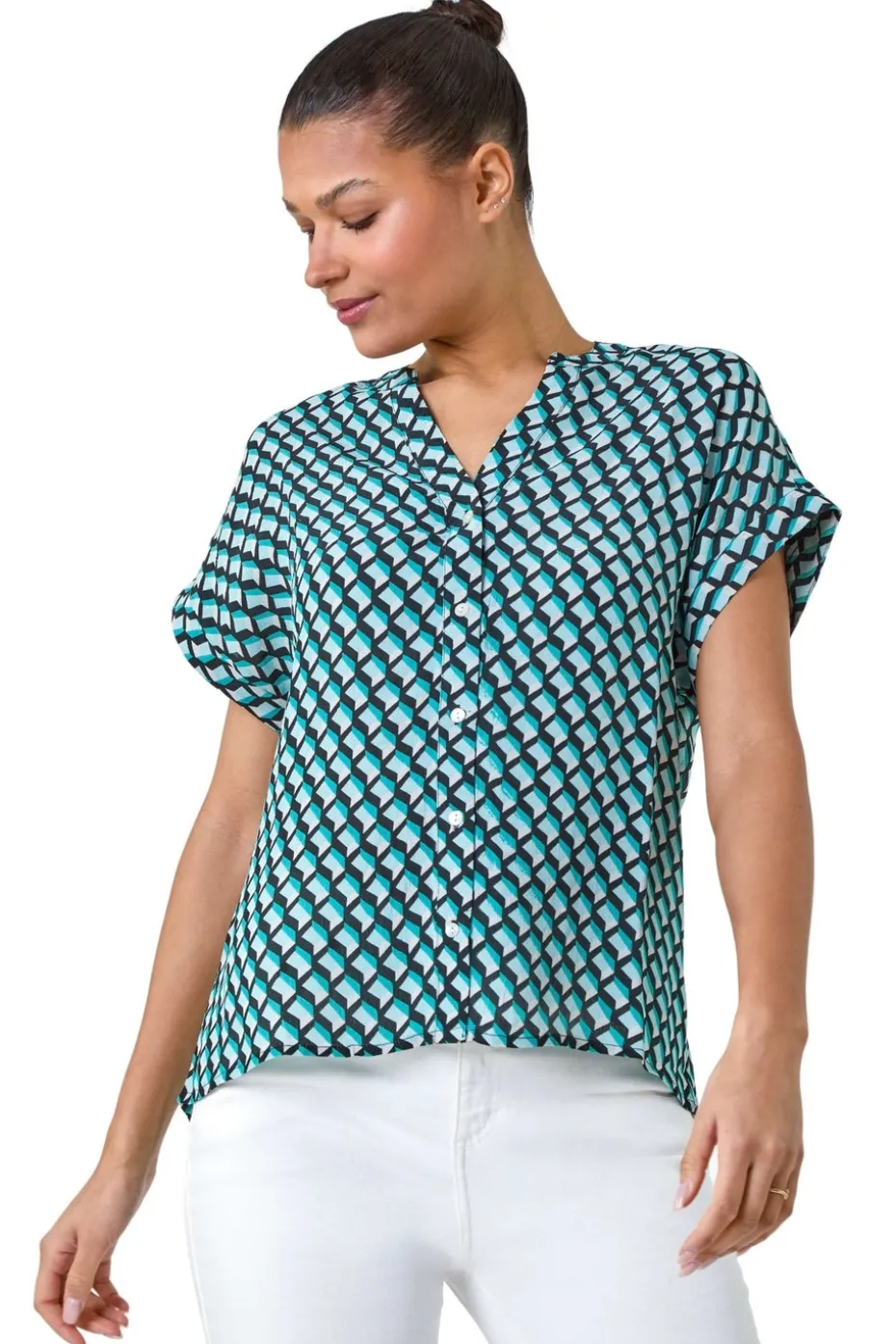 Roman Blue Geometric Print Relaxed Shirt