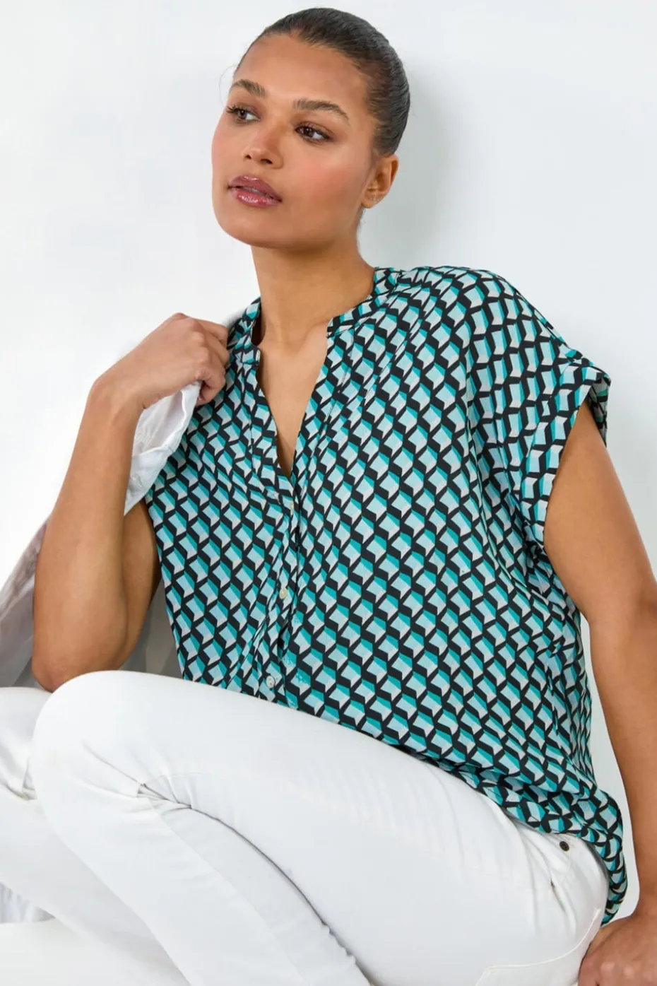 Roman Blue Geometric Print Relaxed Shirt