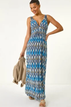 Roman Blue Geometric V-Neck Maxi Dress
