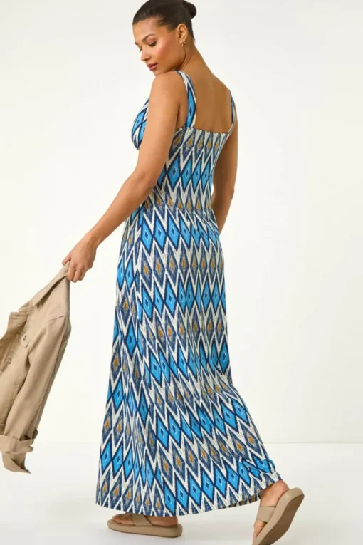 Roman Blue Geometric V-Neck Maxi Dress