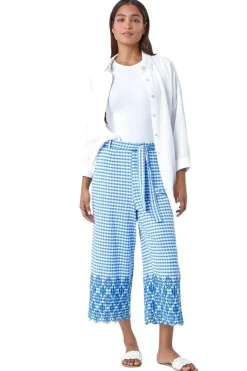 Roman Blue Gingham Cotton Broderie Cropped Trousers