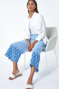 Roman Blue Gingham Cotton Broderie Cropped Trousers
