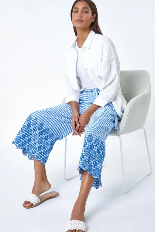 Roman Blue Gingham Cotton Broderie Cropped Trousers