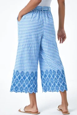 Roman Blue Gingham Cotton Broderie Cropped Trousers