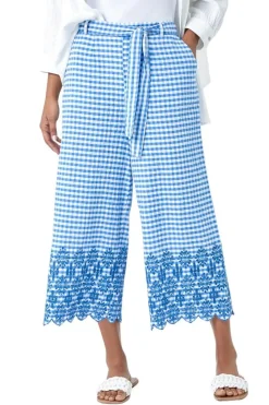 Roman Blue Gingham Cotton Broderie Cropped Trousers