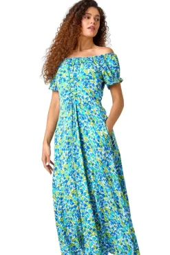 Roman Blue Lace Up Detail Floral Bardot Dress