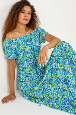 Roman Blue Lace Up Detail Floral Bardot Dress