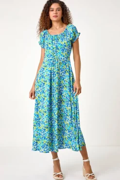 Roman Blue Lace Up Detail Floral Bardot Dress