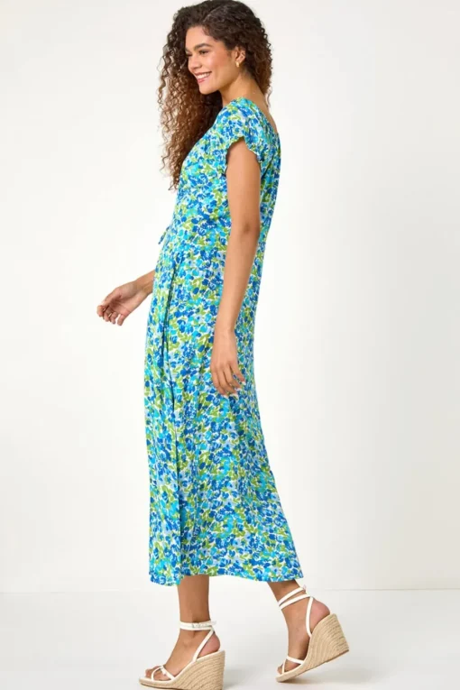 Roman Blue Lace Up Detail Floral Bardot Dress