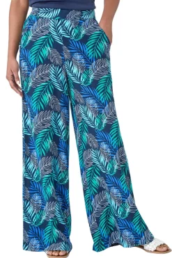 Roman Blue Leaf Linen Blend Wide Leg Trousers