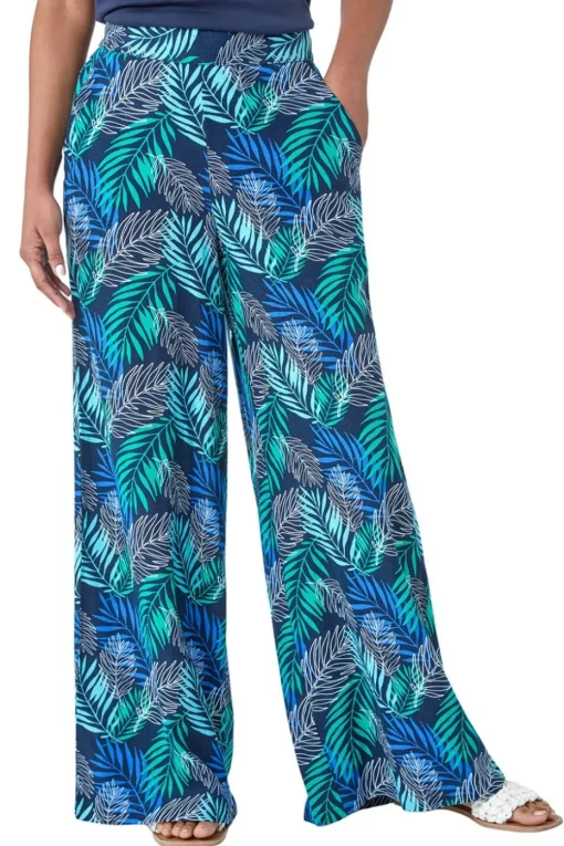 Roman Blue Leaf Linen Blend Wide Leg Trousers