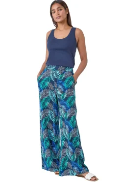 Roman Blue Leaf Linen Blend Wide Leg Trousers
