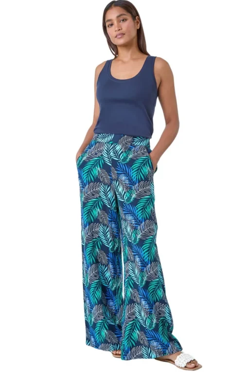 Roman Blue Leaf Linen Blend Wide Leg Trousers