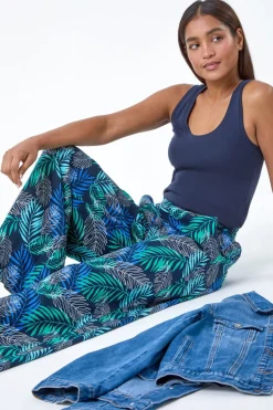 Roman Blue Leaf Linen Blend Wide Leg Trousers