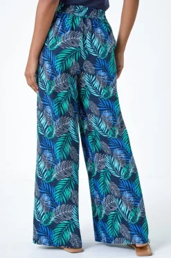Roman Blue Leaf Linen Blend Wide Leg Trousers