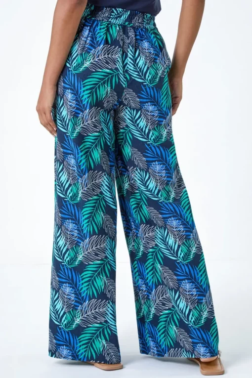 Roman Blue Leaf Linen Blend Wide Leg Trousers