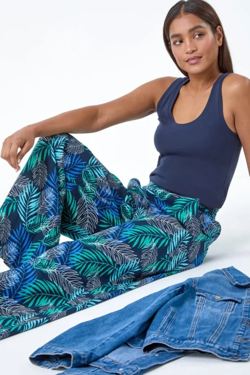 Roman Blue Leaf Linen Blend Wide Leg Trousers