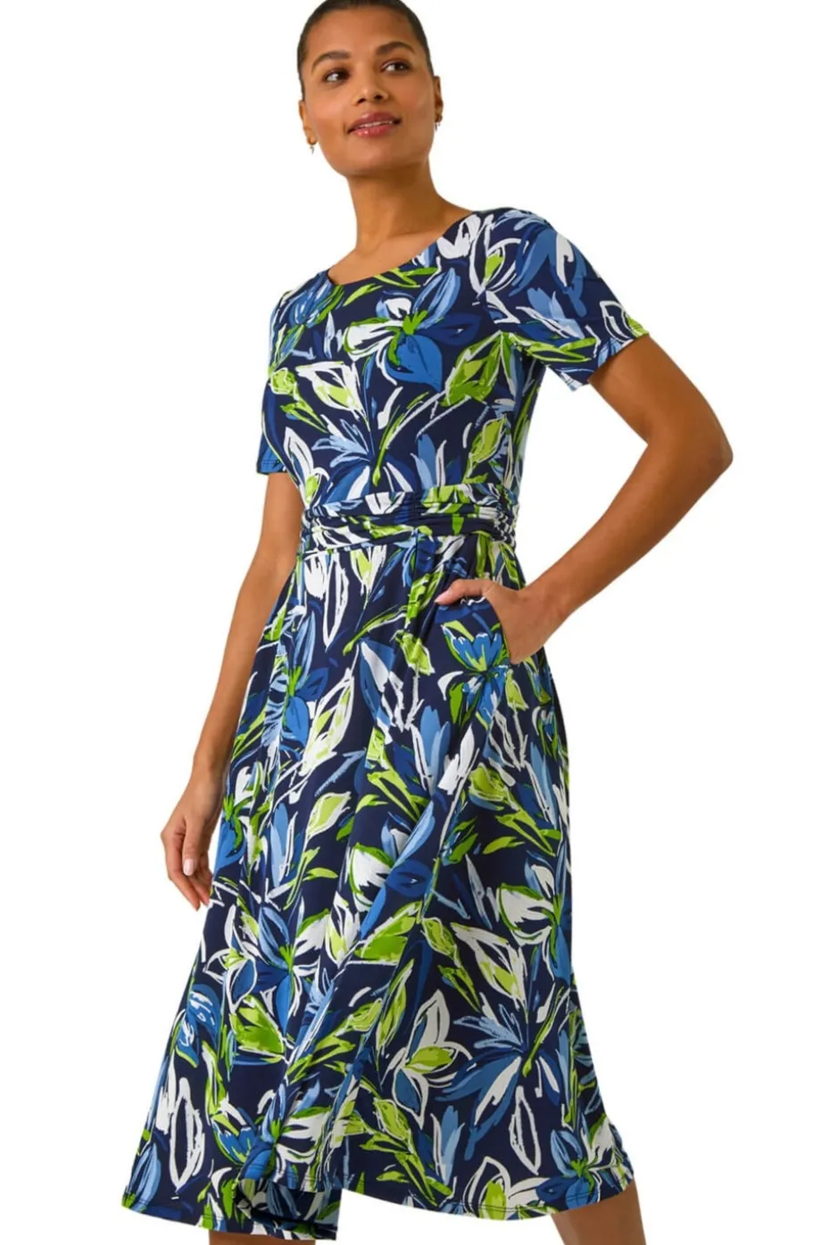 Roman Blue Leaf Print Gathered Midi Dress