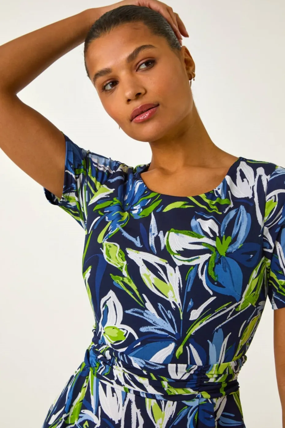 Roman Blue Leaf Print Gathered Midi Dress