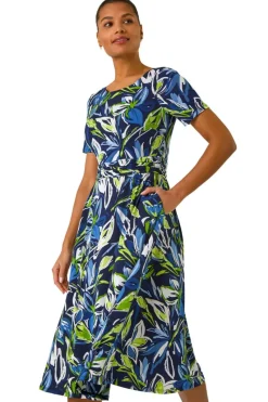 Roman Blue Leaf Print Gathered Midi Dress