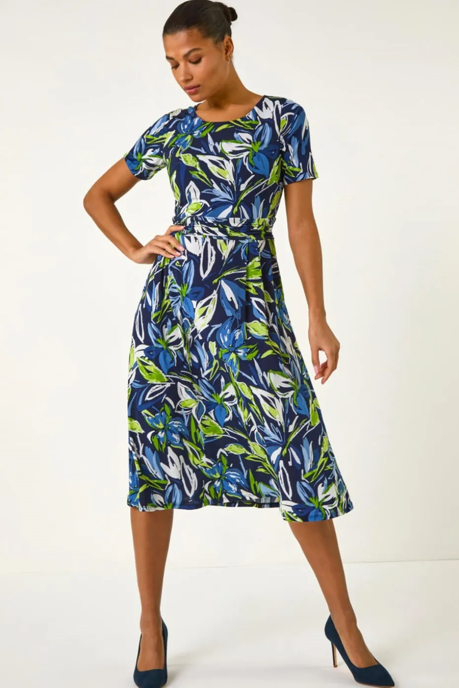 Roman Blue Leaf Print Gathered Midi Dress