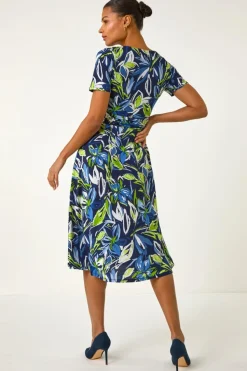 Roman Blue Leaf Print Gathered Midi Dress