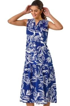 Roman Blue Leaf Print Midi Dress