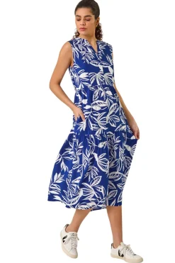 Roman Blue Leaf Print Midi Dress
