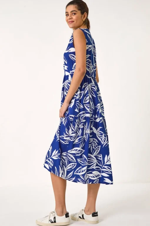Roman Blue Leaf Print Midi Dress