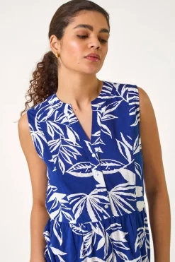 Roman Blue Leaf Print Midi Dress