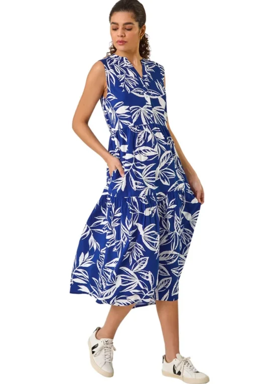 Roman Blue Leaf Print Midi Dress