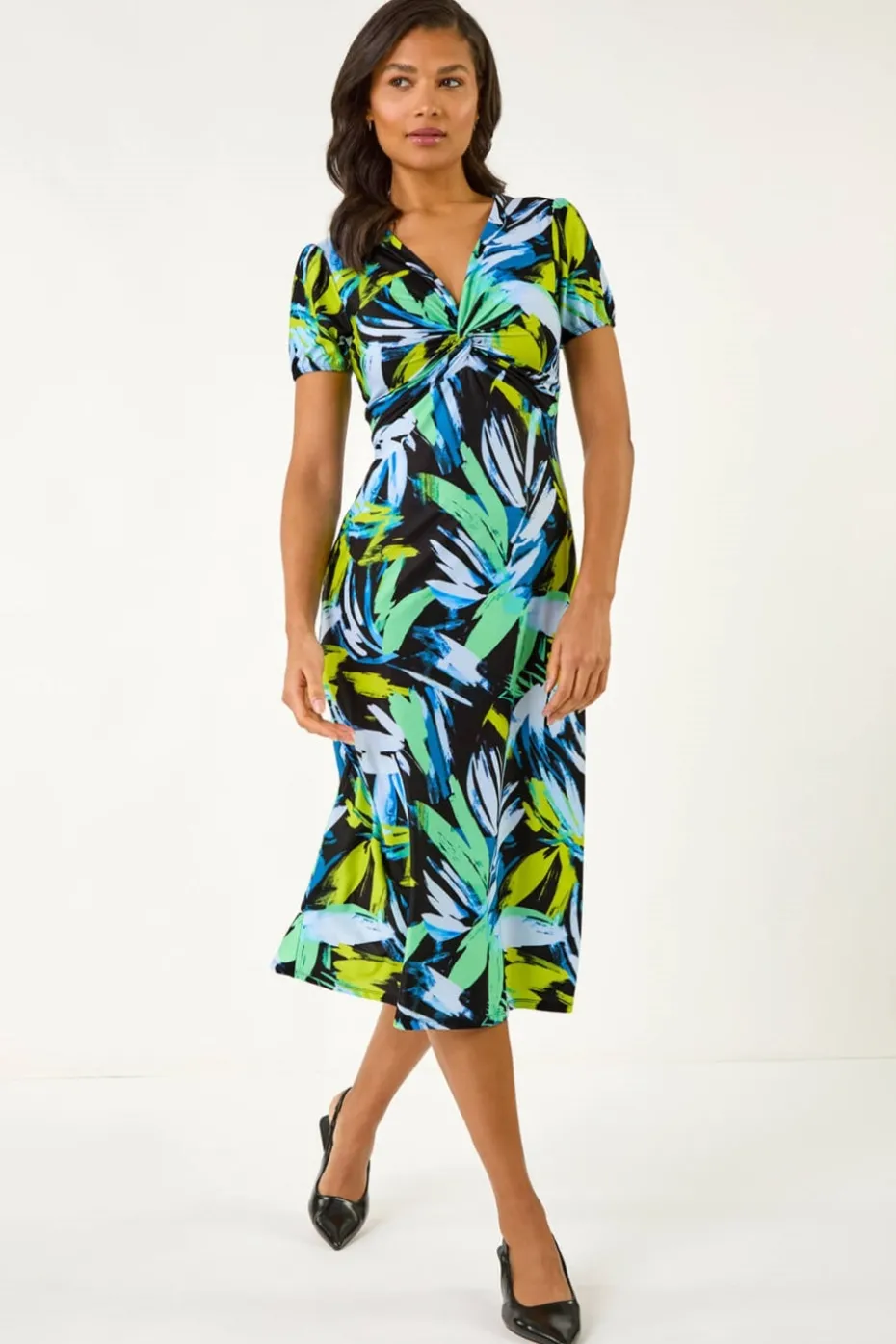 Roman Blue Leaf Print Twist Front Midi Dress
