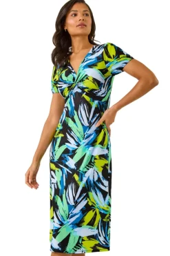 Roman Blue Leaf Print Twist Front Midi Dress