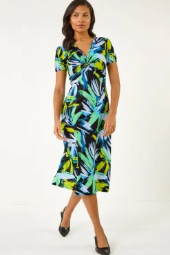 Roman Blue Leaf Print Twist Front Midi Dress